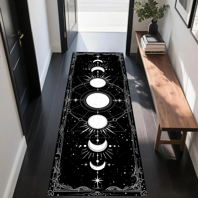 VIKAMA Bohemian Moon Phase Runner Rug Gothic Style Entrance Corridor Floor Mat Meditation Area Rug Home Decor