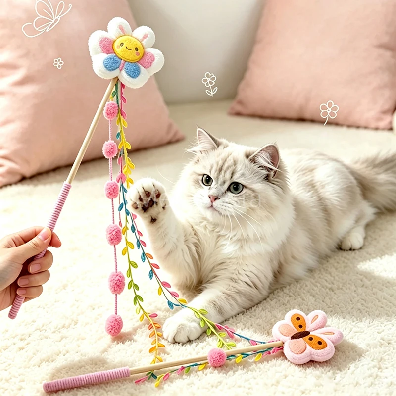Adorable Floral Cat Wand Toy Wooden Handle Colorful Tassels Boredom Relief Interactive Kitten Teaser Stick Pet Play Supplies