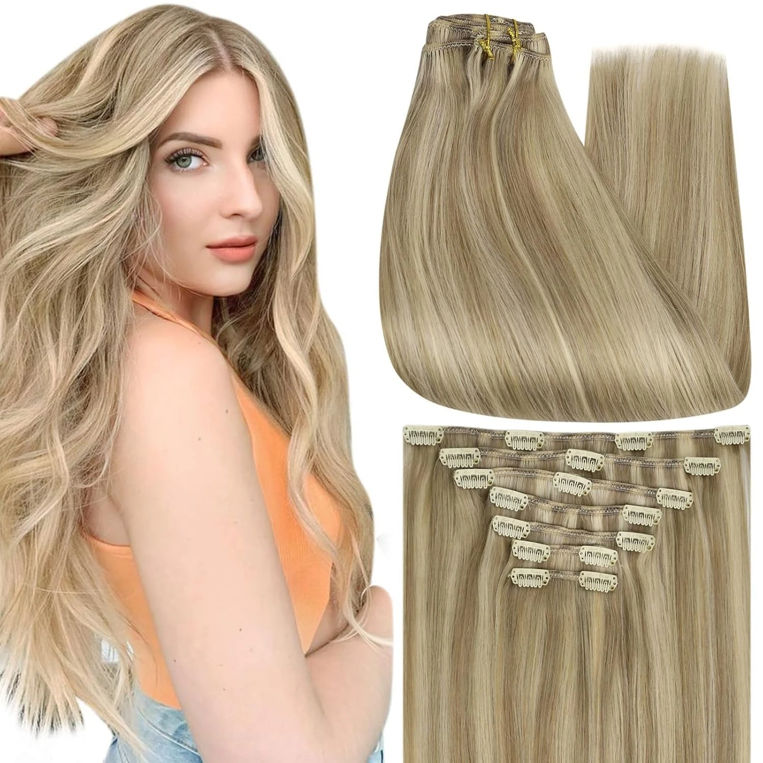 Full Shine Clip on Human Natural Hair Extensions 7 Pcs Double Weft Clip in Remy Straight Hair for Women