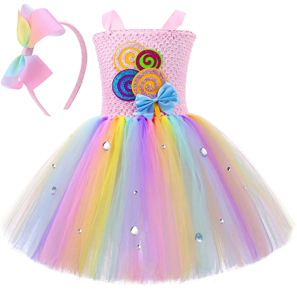 Rainbow Candy Tutu Dress for Girls Candyland Lollipop Costume Kids Carnival Festival Birthday Party Princess Dress Ball Gown