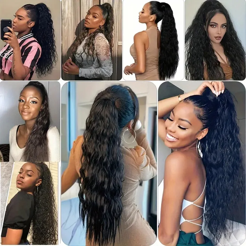 ポニーテールエクステンションラップアラウンドポニーテールウォーターウェーブ人毛ナチュラルカラーブラジルレミーヘアクリップヘアピース女性用