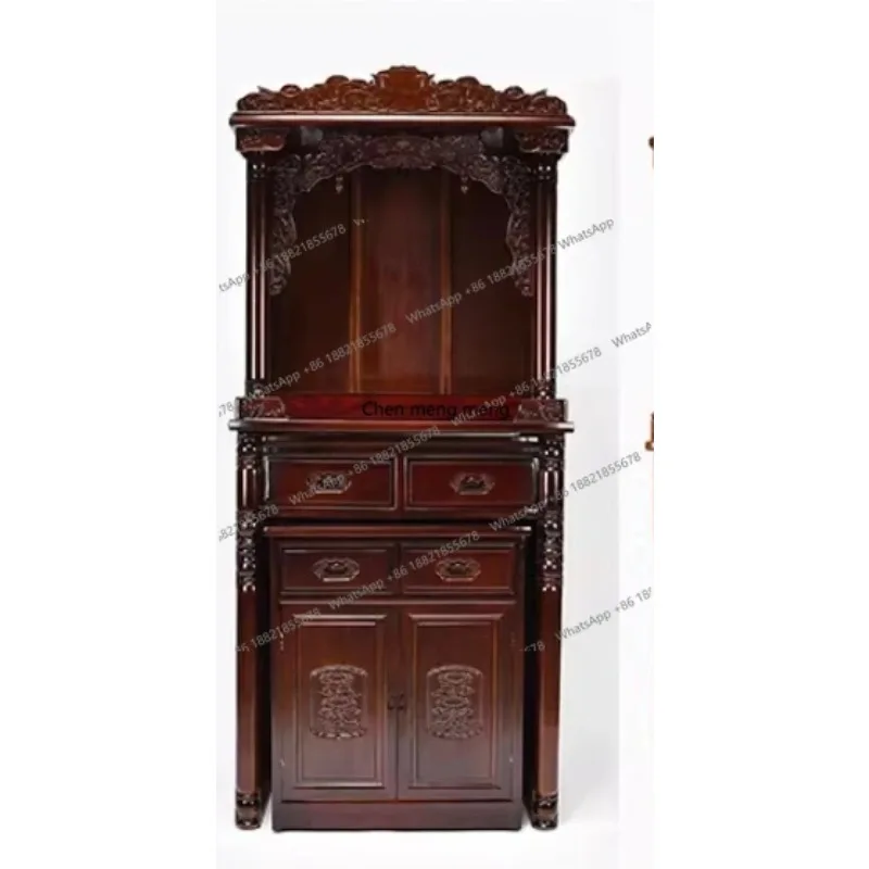 RR Carved solid wood camphor wood Buddhist niche stand cabinet offering table, Buddhist cabinet with door Guanyin offering table