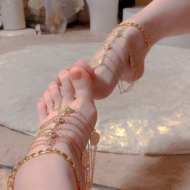 Retro Ethnic Sexy Tassel Foot Chain Women's Metal Chain Foot Control Bracelet Cross Crown Roman Numeral Patterns  out view 3