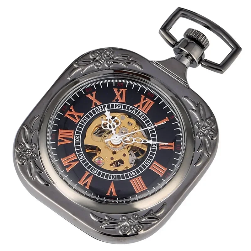 Antique Men Women Hand-winding Mechanical Skeleton Pocket Watch Roman Number Display Square Case with Pendant Chain Gift