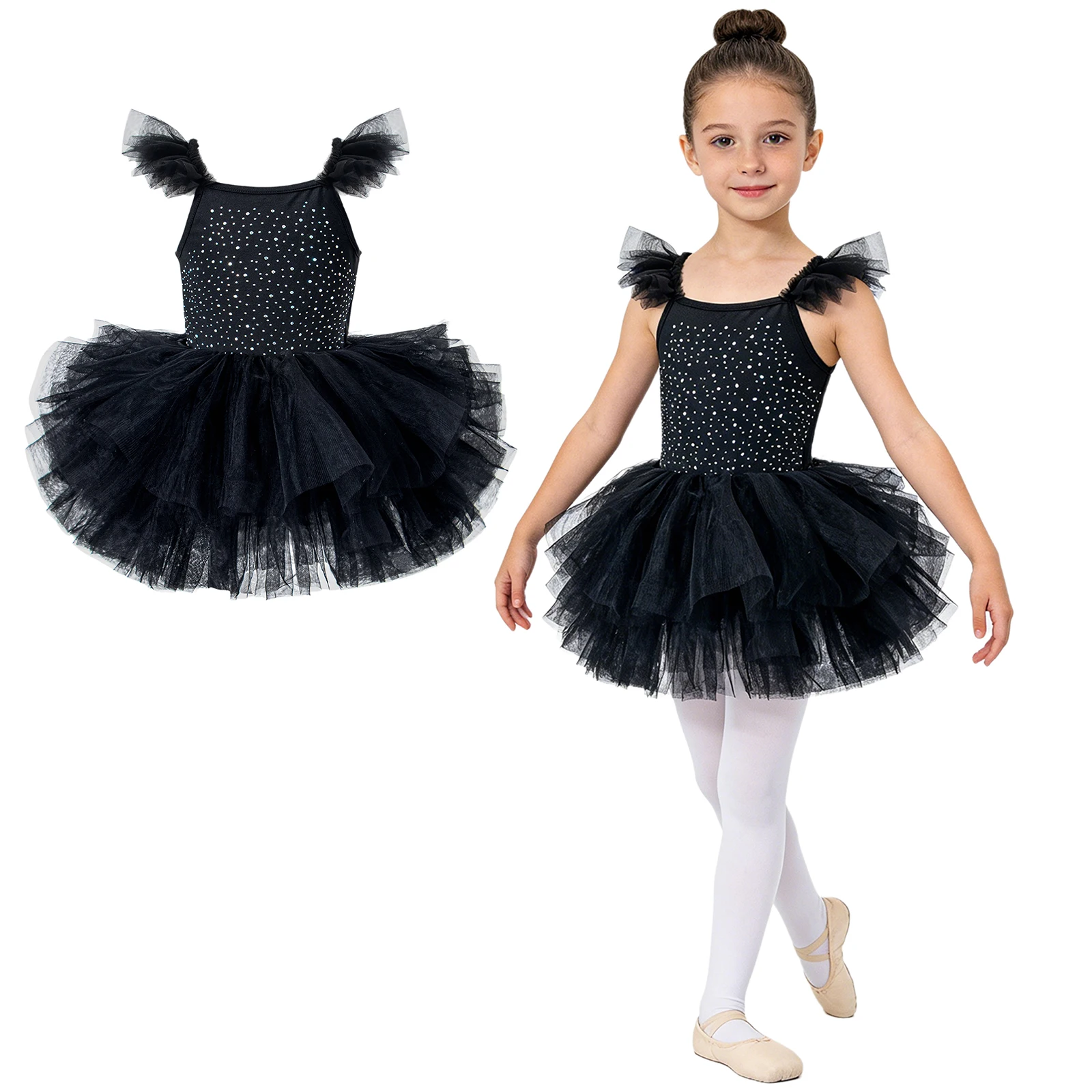 

Kids Girls Ballet TuTu Dance Dress Ruffled Sleeves Dress with Built-in Briefs for Ballet Practice Stage Performance
