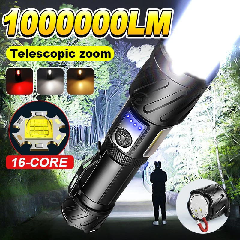 

Новый фонарь сверхвысокой мощности 2026 года, 1000000 лм, с зарядкой от USB, мощный фонарик-прожектор с зумом, COB-светодиод, ручной фонарь, кемпинговый фонарь