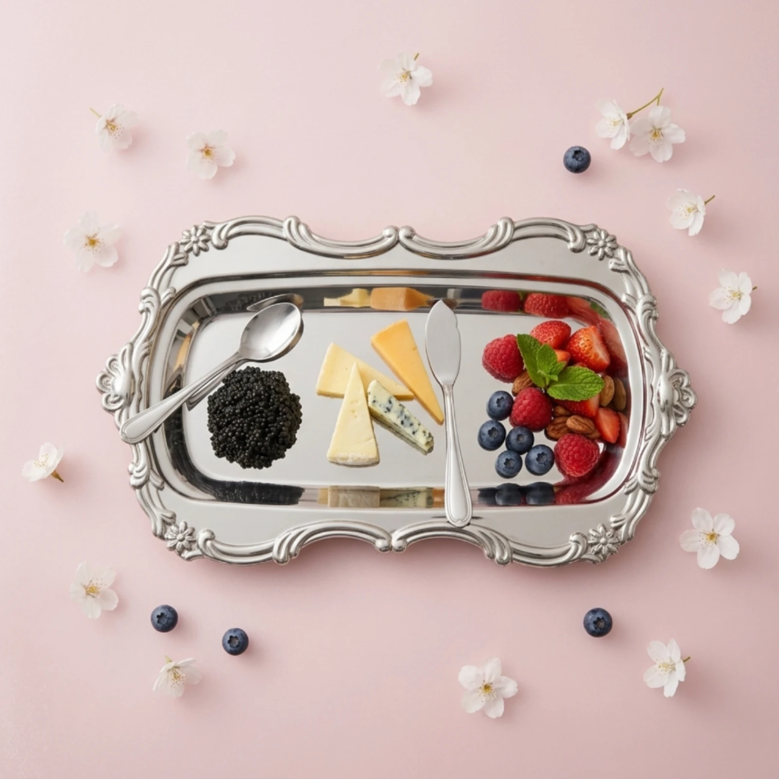 Stainless Steel Tray Mirrored Tray with Decorative Border Metal Trinket Dish Baroque Vintage for Vanity, Coffee Table