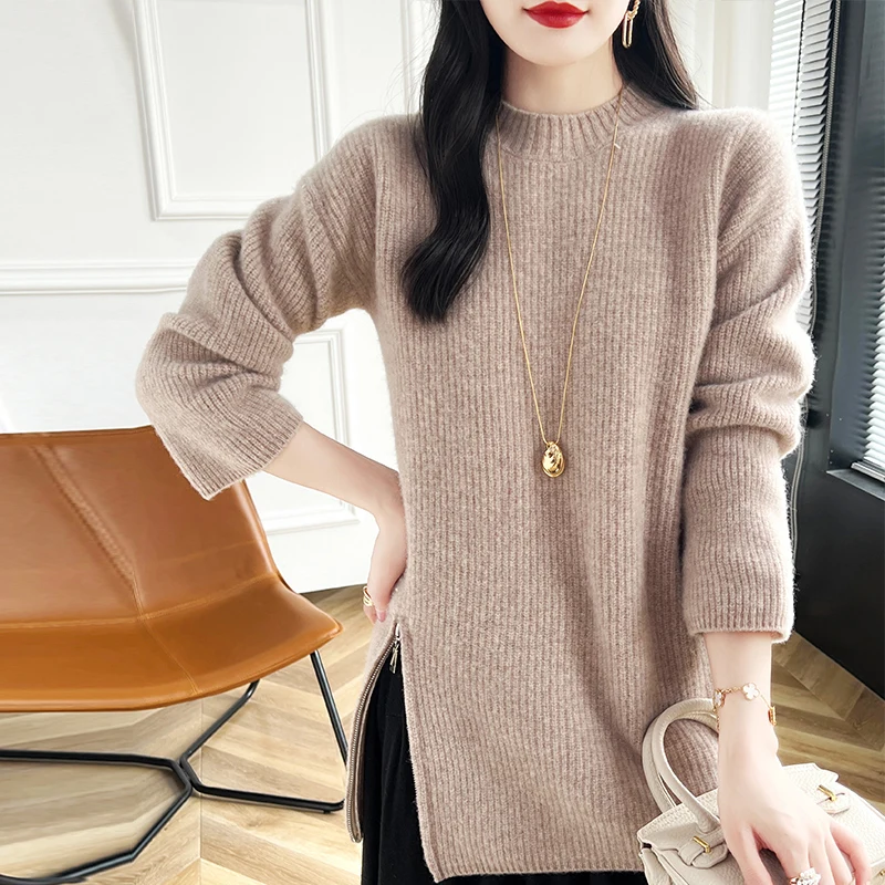 2024 Autumn/Winter Women Loose Sweet Sweaters 100% Wool Knitted Leisure O-neck Long Pullovers Warm Soft Tops