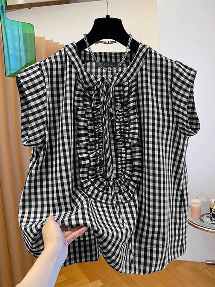 2025 ZANZEA été Blouse élégant élégant à volants chemise de travail femmes Plaid à carreaux hauts décontracté à manches courtes Blusas tunique Mujer