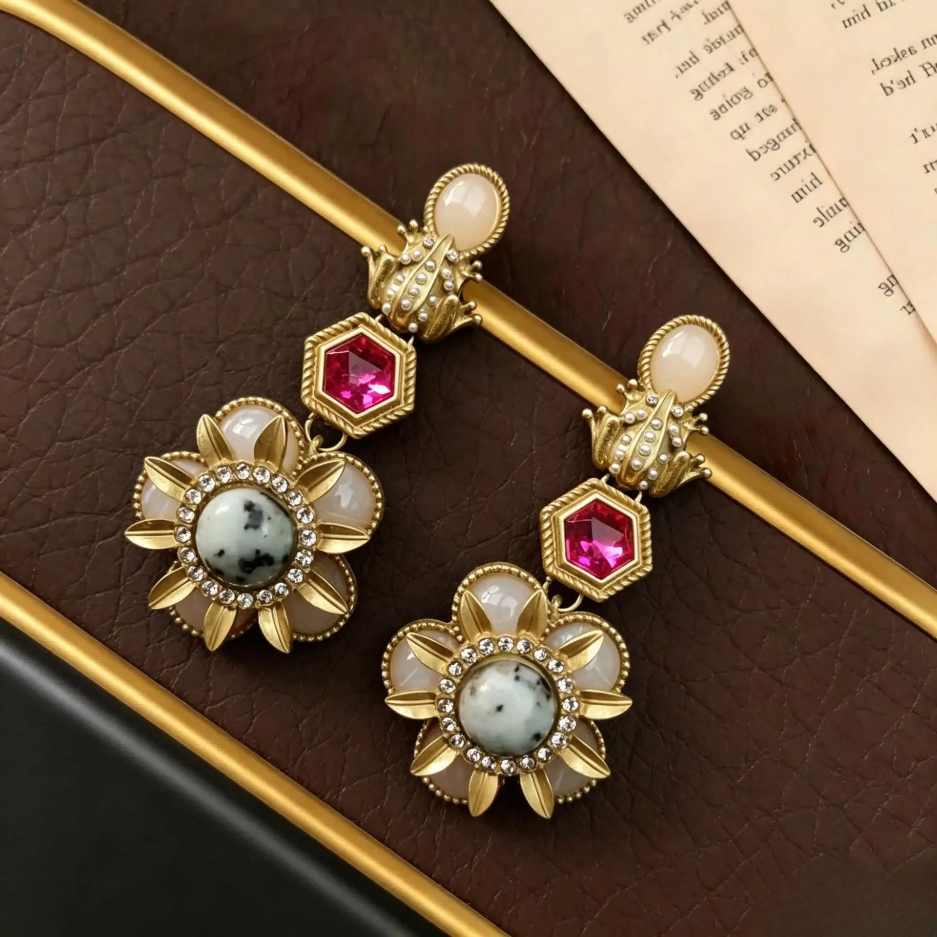 

Vintage Palace Style Flower Earrings for Women 2026 Minimally Designed Diamond studded Natural Stone Earrings Accessories