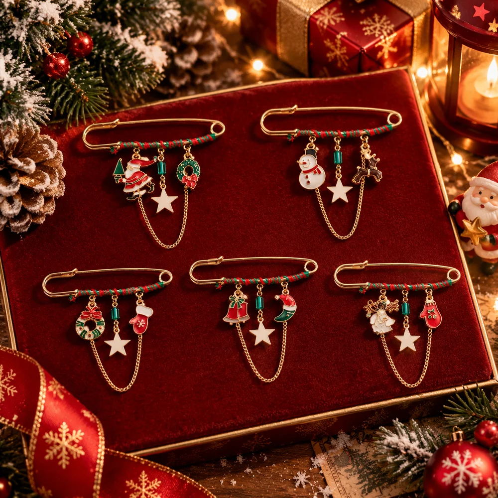 Christmas Enamel Charm Safety Pin Brooch Star Chain Santa Snowman Wreath Xmas Lapel Pin Women Sweater Brooch Holiday Gift