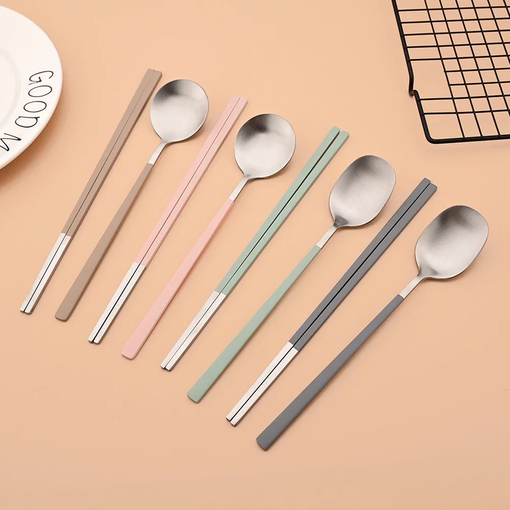 Korean 6Pcs/Set Tableware Set High Quality Stainless Steel Matte Dinner Set Dinnerware Spoon Chopsticks Flatware Cutlery Set