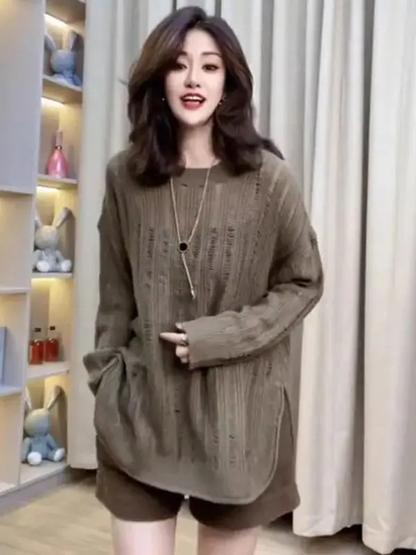 

Laid-ba Sle Long Sve Knitted Sweater Hollow out Loose Fit Overhead Versatile Spring Faion Commute Simple Design Knit...