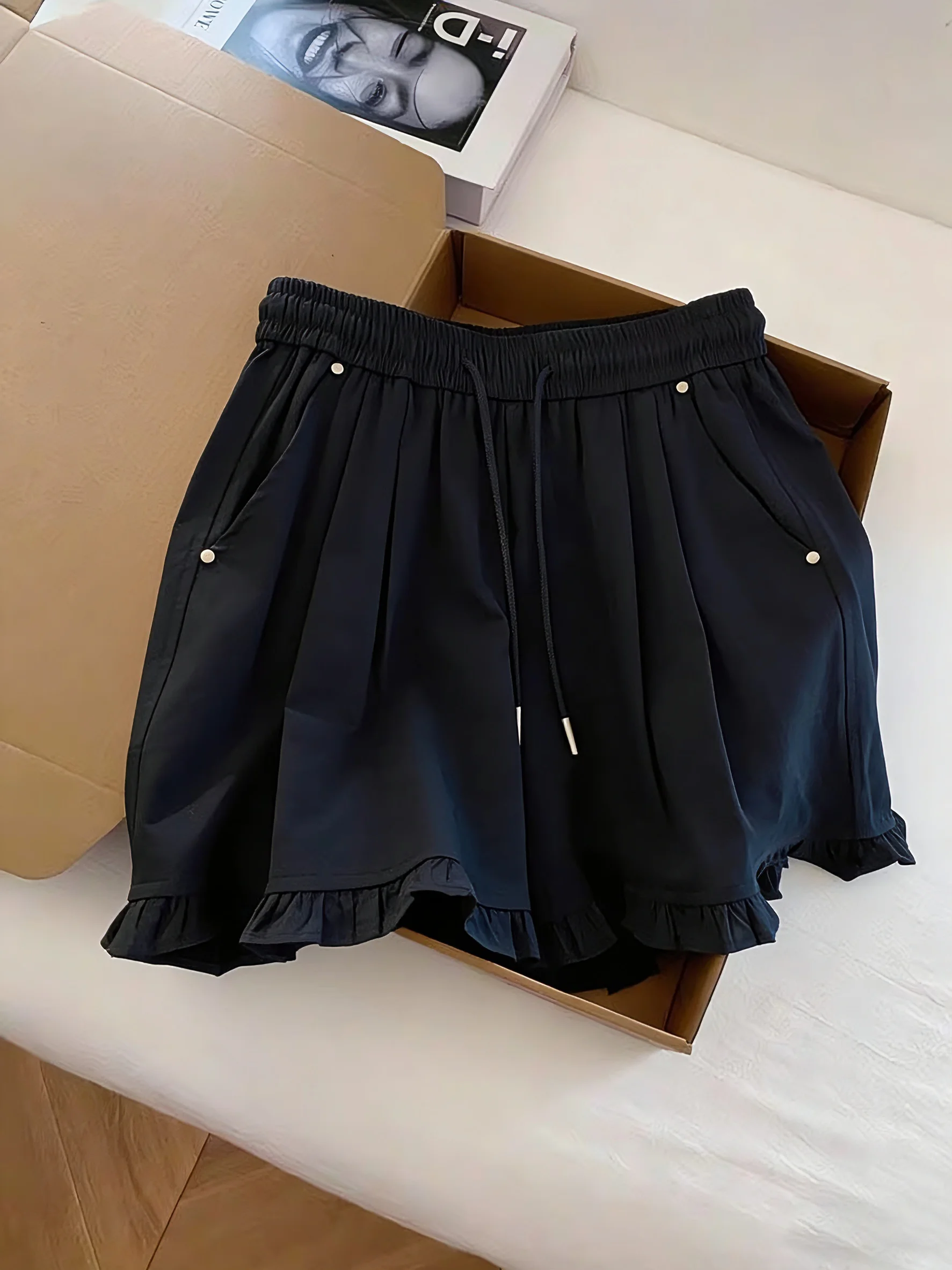 

Retro Sweet Lace Trim Casual Shorts Women Summer High Waist Loose Wide Leg Pants Fashionable Versatile Straight Leg Trousers