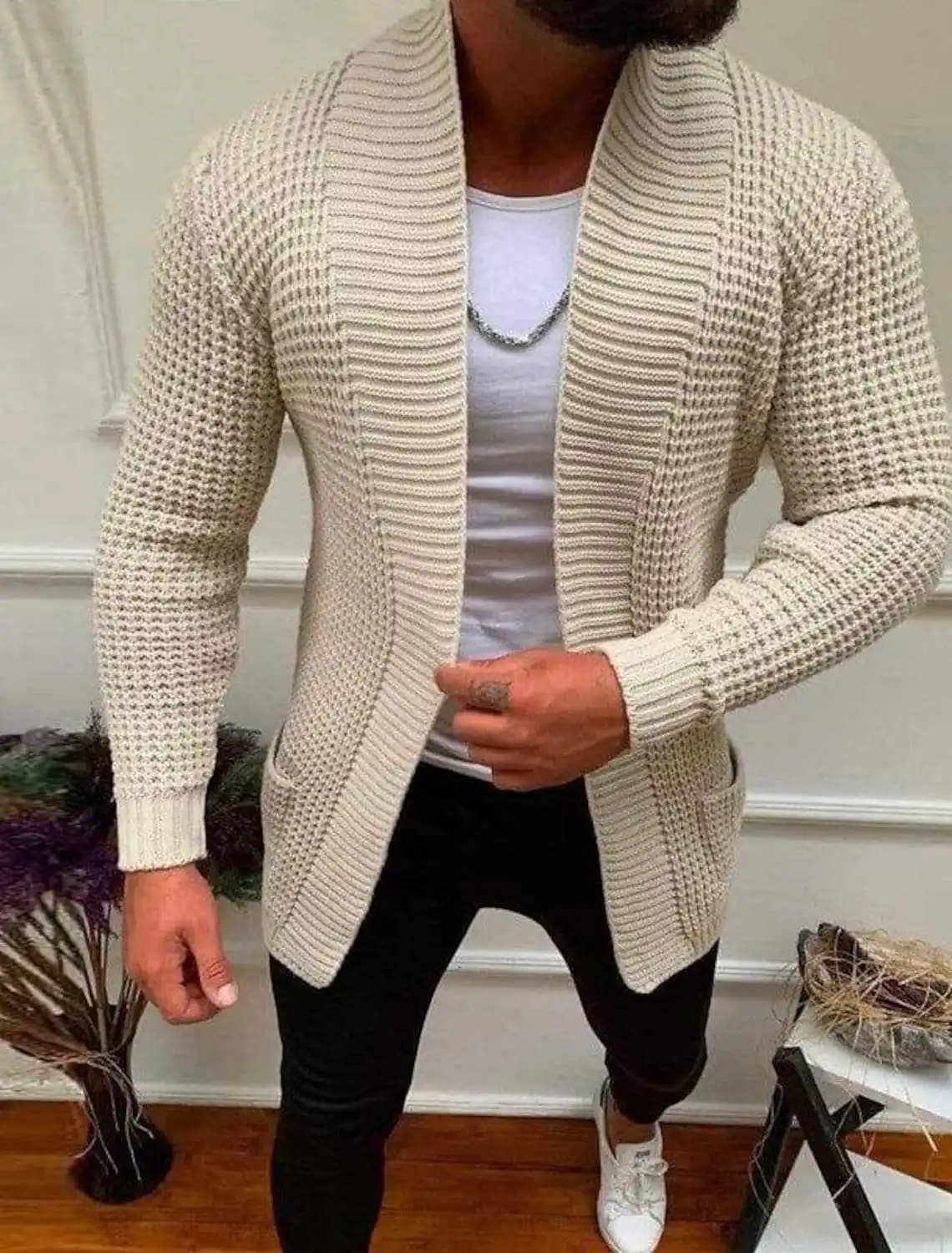 New Mens Clothing Fashion Casual Long Sleeved Lapel Knitted Sweater Mens Outerwear