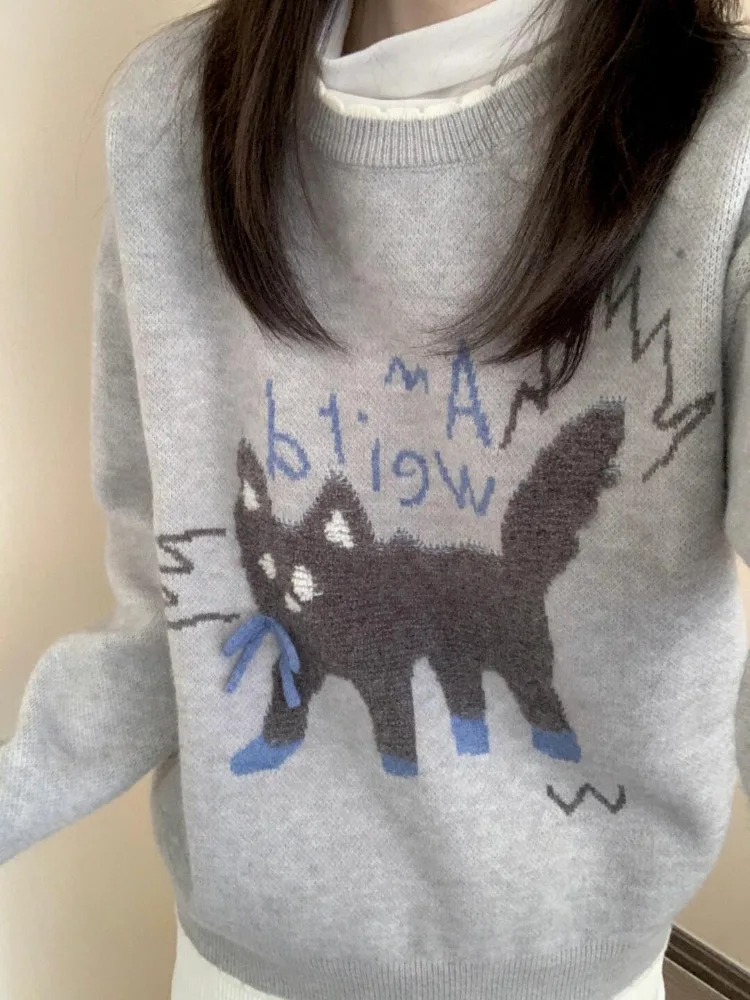 

Women Cute Cat Knit Sweater Autumn Winter New Thick Oversized Round Neck Pullover Cartoon Kitty Pattern Casual Knittwear Top