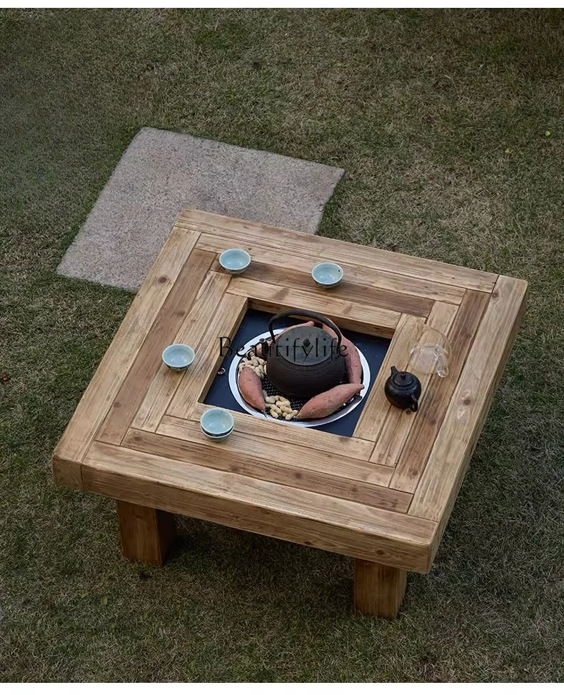 

Solid Wood Outdoor Tea Brewing Balcony Square Heating Table Fire Pit Homestay Home Tea Table Low Table
