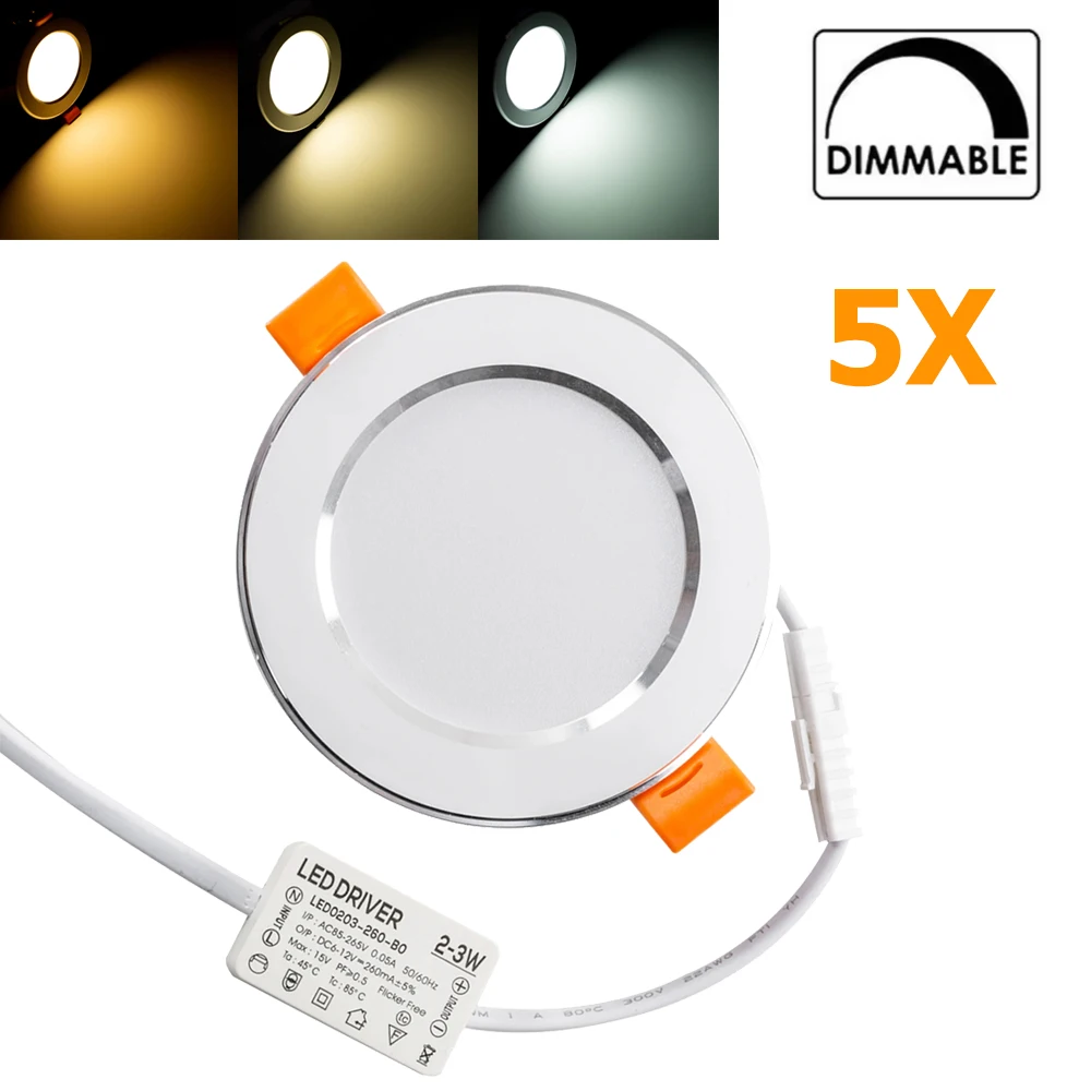 5Pcs Dimmable  3W LED Recessed Downlight 110V 220V Ceiling Lamp With Driver Indoor Lighting 3000k 4500k 6500k for Home Office