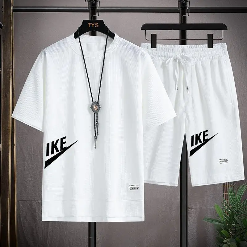 Summer Man Tracksuit Cartoon Streetwear Hip Hop Rock Casual Short Suit Letter Printed Waffle T Shirts Shorts 2 Piece Set New