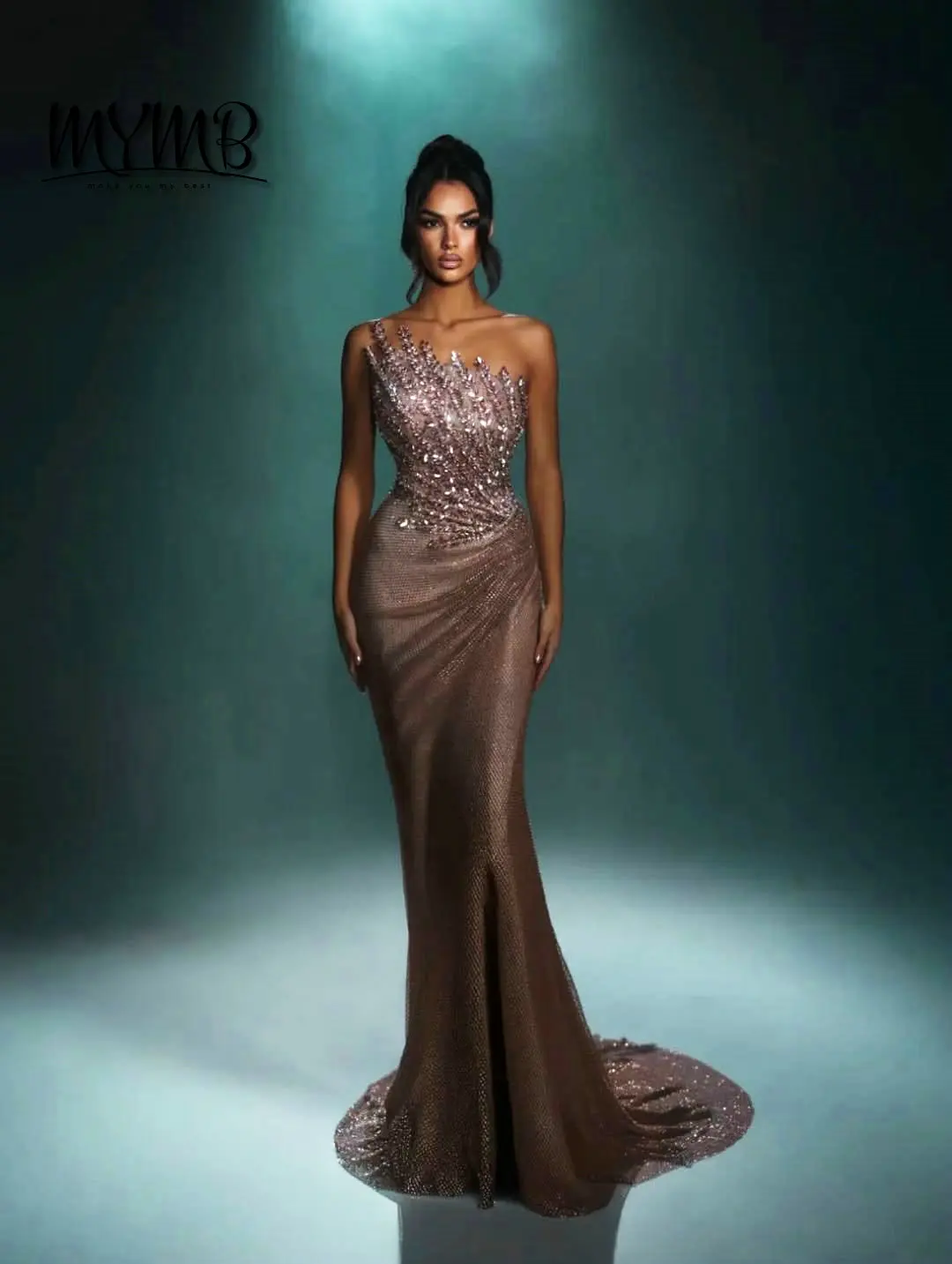 

MYMB блестящее потрясающее вечернее платье без бретелек цвета шампанского с роскошными эффектными стразами из бисера сексуальное с высоким разрезом для вечеринки MB40450
