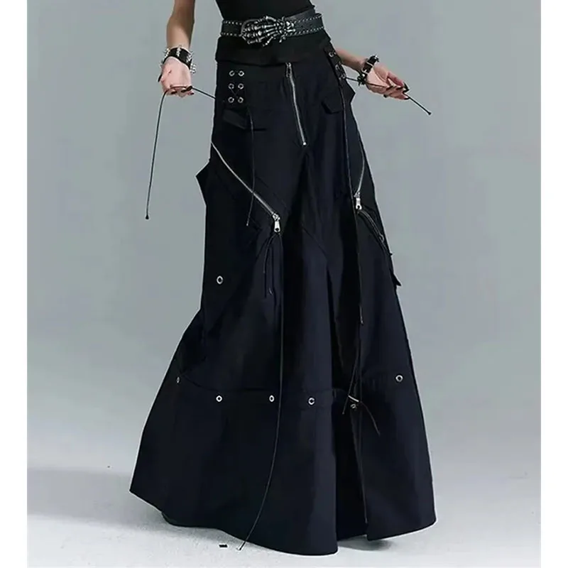 American Women High-end Lace Up Skirt Autumn Female High Waist Patchwork Maxi Skirt Ladies Lazy Wind Loose Workwear Long Skirts