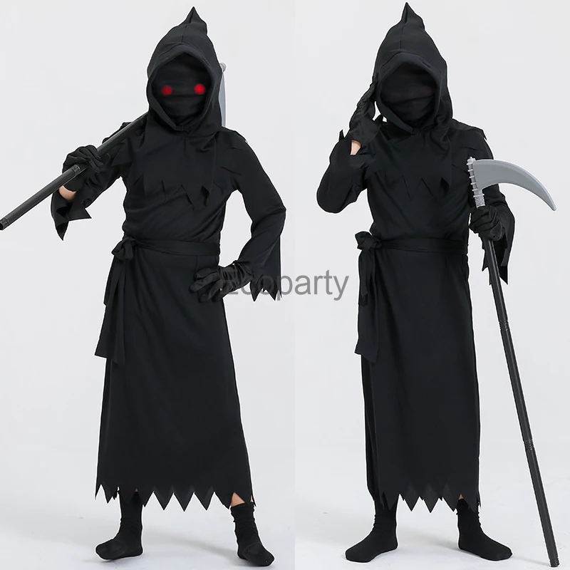 

New Halloween Kids Demon Horror Movie Death Costume Creepy Black Robe With Glasses Sickle Children Carnival Party Fancy Outfits