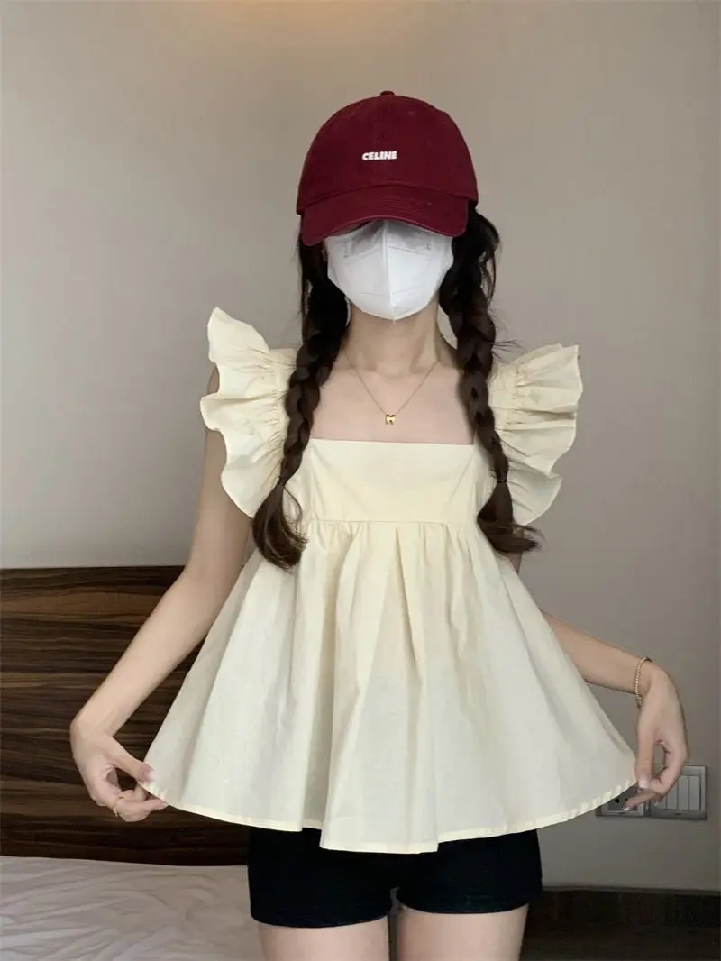 

Camis Short Top High Quality Square Neck Flying Sleeves White Shirt Expose The Back To Cover The Meat Women Summer 2024 Blouses