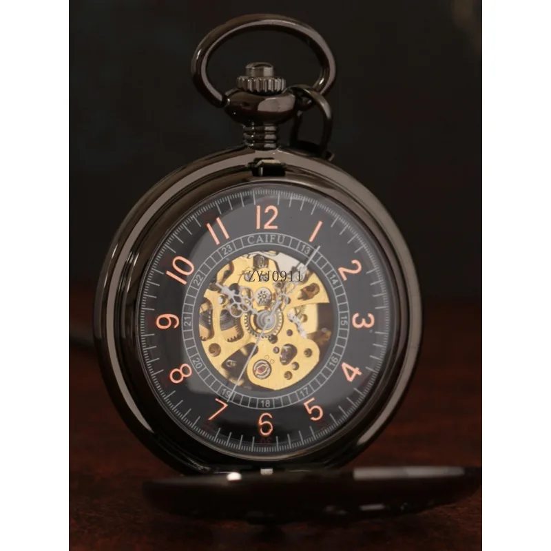 นาฬิกาพกกลอัตโนมัติเต็มรูปแบบย้อนยุคพลิกโลหะกลวงสร้อยคอนักเรียนจี้นาฬิกา