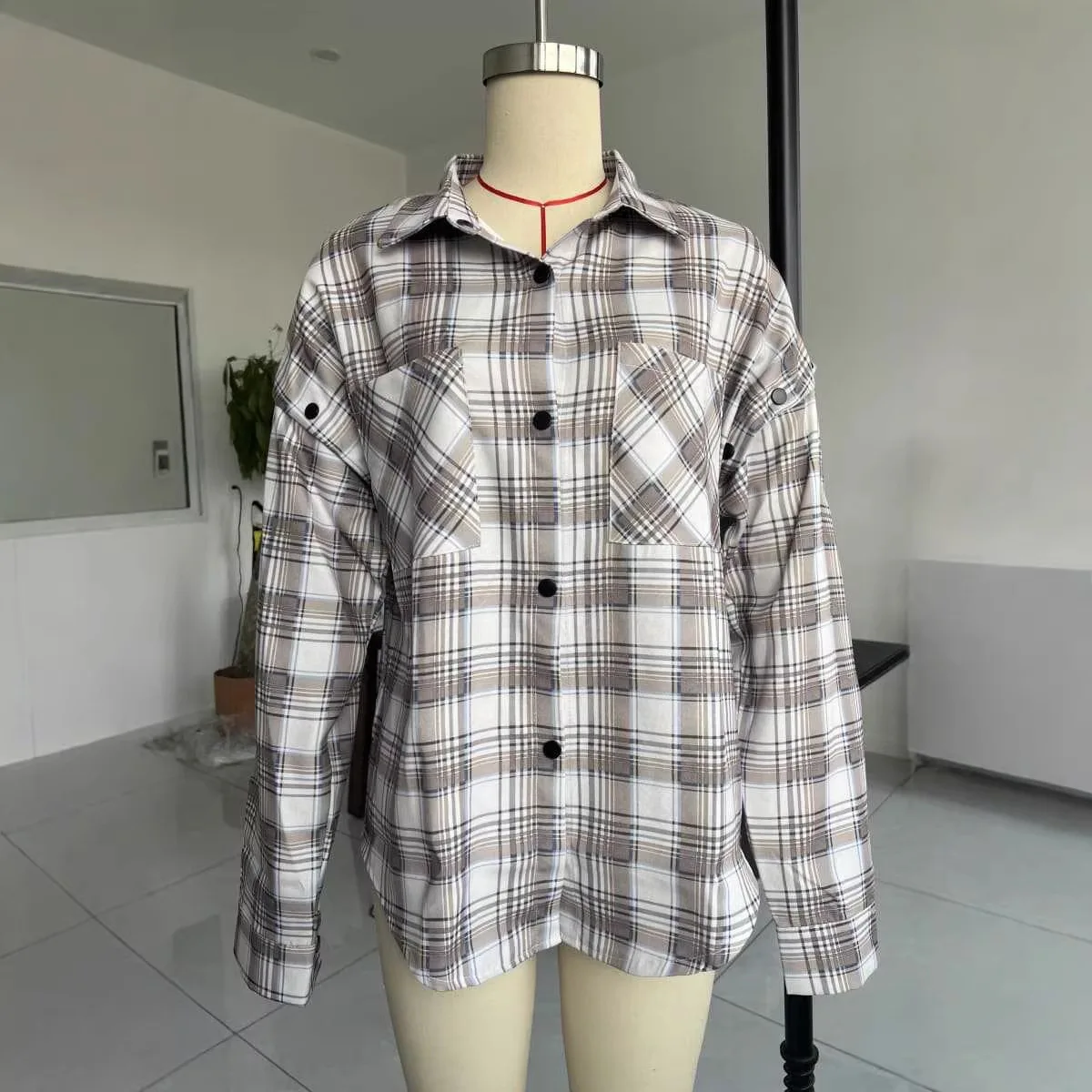Shirt 2026 Spring American Checkered Detachable Long Short Sleeve Big Pocket Top Retro Fashion Plaque