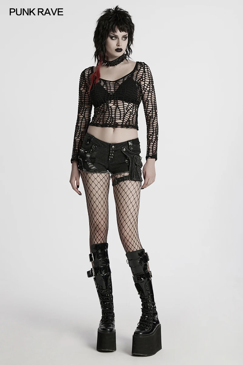 

PUNK RAVE женская нерегулярная сетчатая сексуальная сетчатая футболка в стиле панк готический повседневный простой универсальный глубокий V-образный вырез Harajuku черные топы