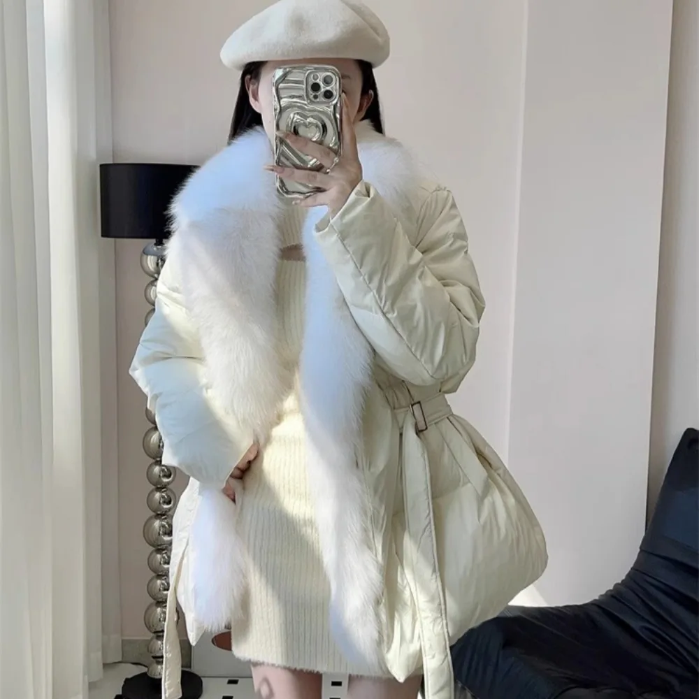 Down Jacket Women New Luxury Natural Fox Fur Collar White Goose Down Coat Warm Parkas Slim Coat Belt Outwear Female Winter