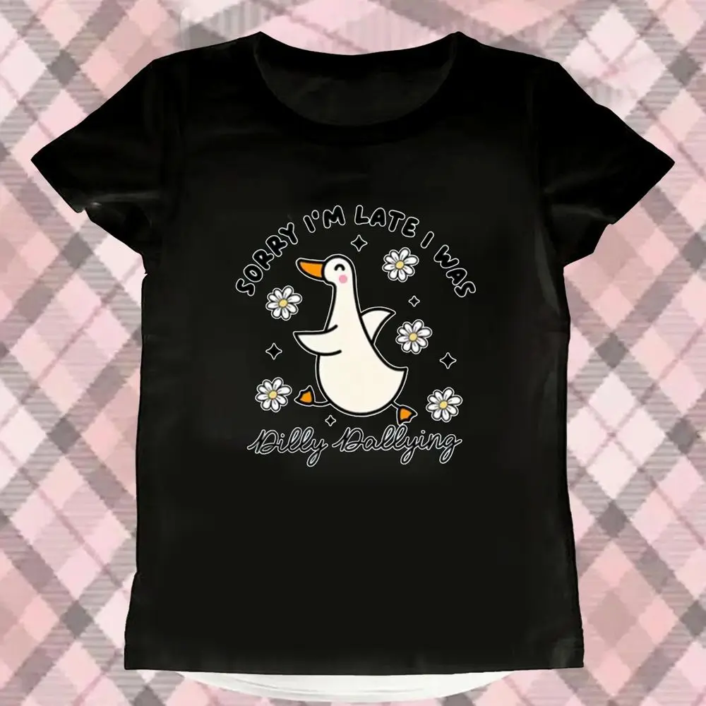 Sorry I'm Late I Was Dilly Dallying Goose  Women's Oversized T-shir Funny Goose Graphic Tee Animal Humor Cute Goose Tee Clothing