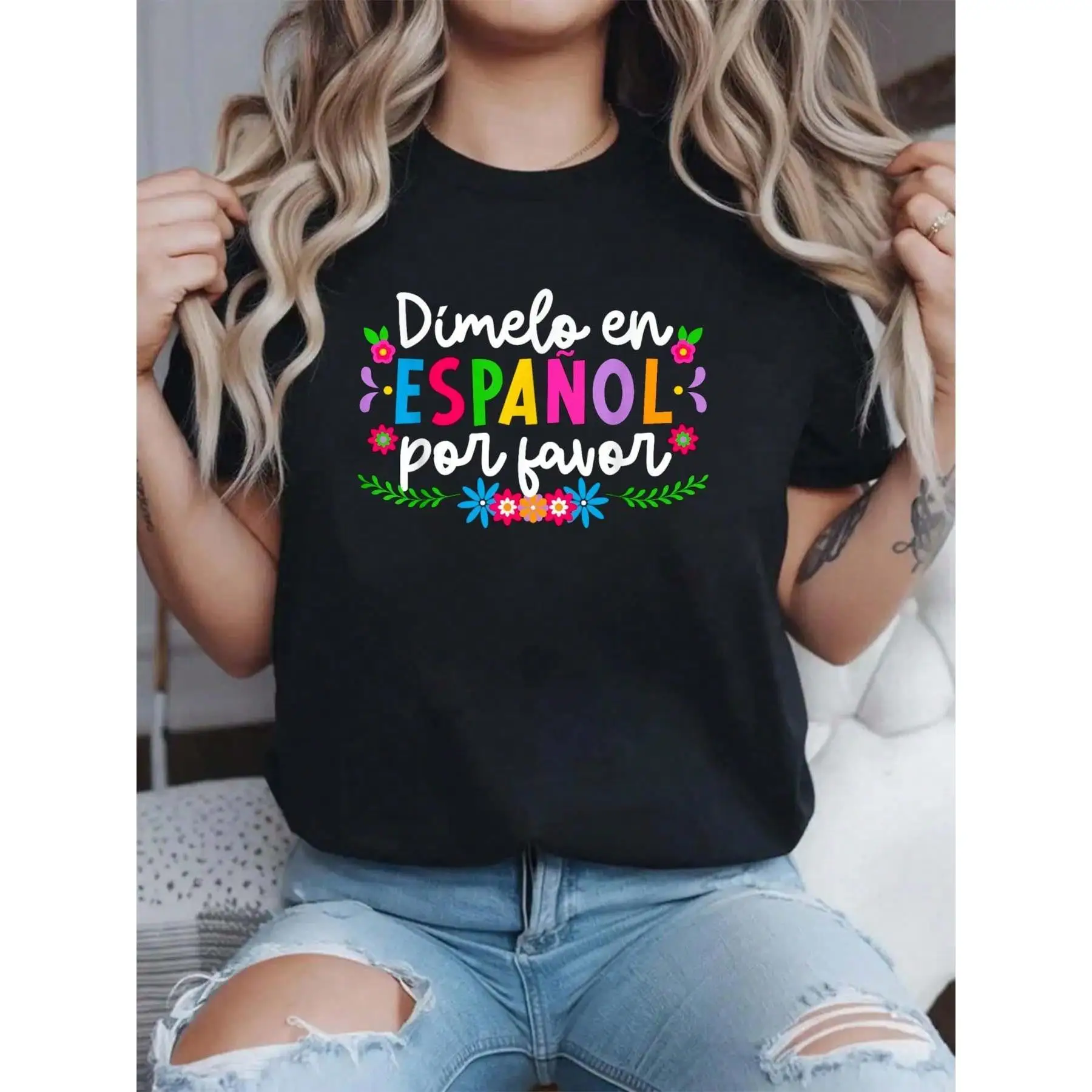 

New Unisex Spanish Teacher T-Shirt, ''Tell Me in Spanish Please'' Tee, Funny Hispanic Culture Gift, Floral Graphic Novelty Top