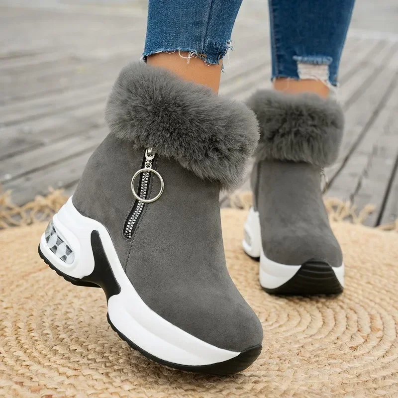 

Ankle Boot for Women Warm Fuzzing Plush Winter Snow Boots Retro Zipper Woman Internal Increasing Keep Outdoor Smooth Botas Mujer