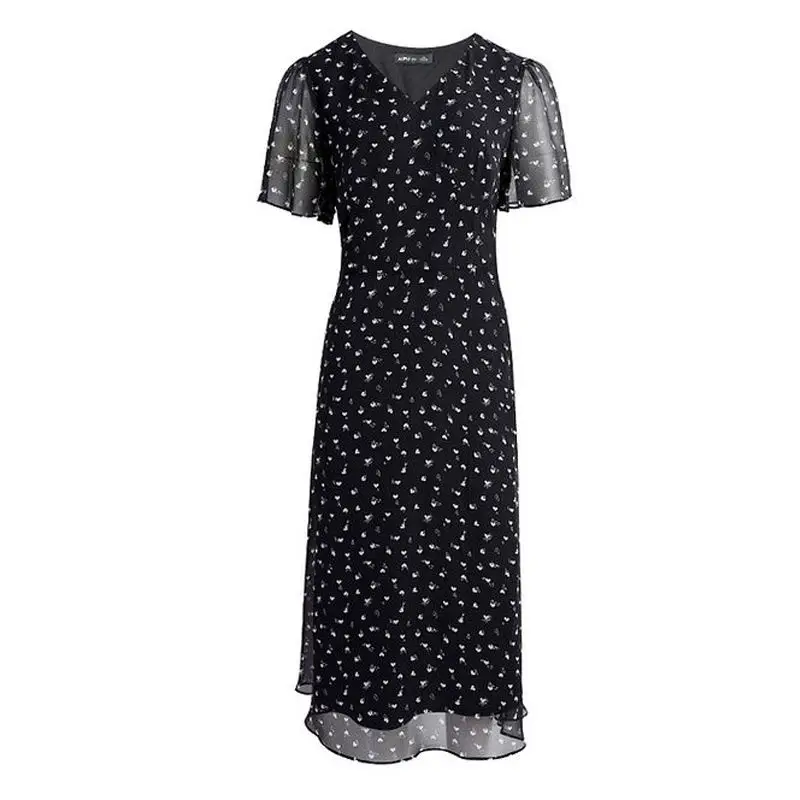 2024 New Summer Chinese Style Commuting Fashion Loose Chiffon Floral A-line Skirt V-neck Bubble Sleeve Women\'s Mid Length Dress