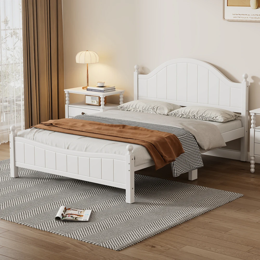 Traditional Concise Style White Solid Wood Platform Bed, No Need Box Spring, Queen bed frame  bedroom set