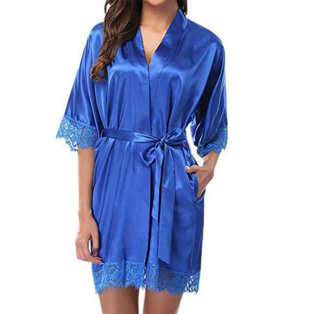 Women Bathrobe Solid Color Belt Cardigan Lace Lady Pajamas for Spring