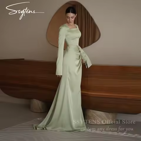 SSYTENS Light Green Square Neck Mermaid Formal Prom Gowns Full Sleeves Evening Dress Floor Length Long Party Dress Customized