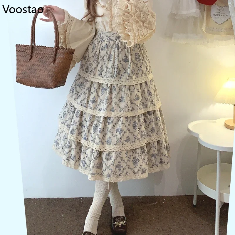 

Elegant Vintage Princess Long Skirt Women Harajuku Floral Garden Print Cotton Lace Party Skirts Female Casual Cake Midi Skirt