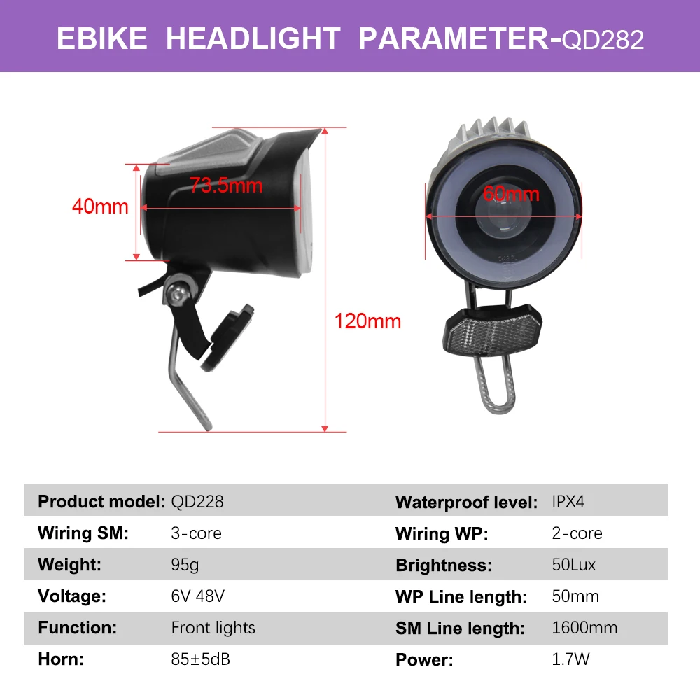 QD228 Electric Bicycle Headlight, 50lux Ebike Front Light, E-Bike Horn Light, Electric Scooter Horn Light