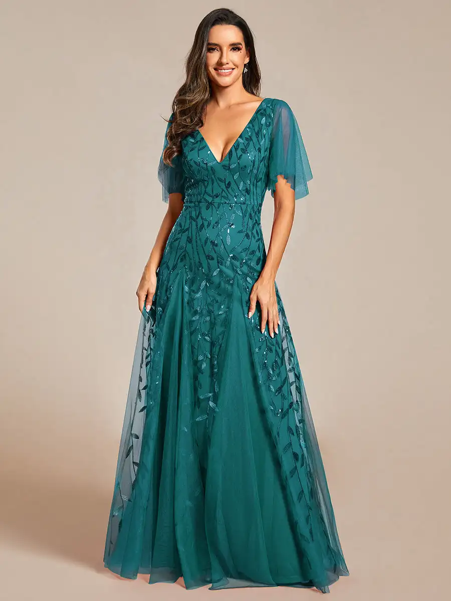 

Elegant Evening Dress Deep V-Neck Ruffle Sleeves With Short Sleeves Ever Pretty of 2025 Teal Gauze Sequin Bridesmaid dress