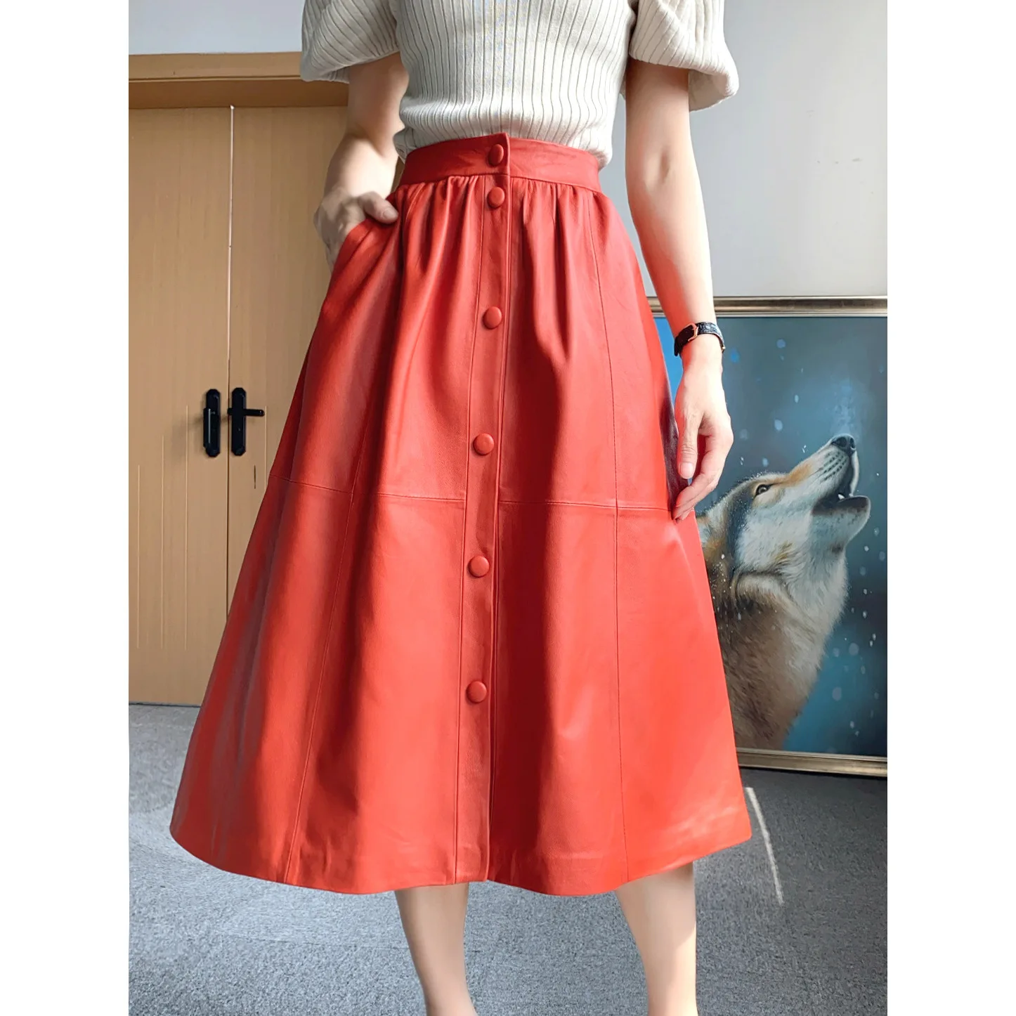 

2023 Genuine Leather Skirt New Autumn and Winter Urban Commuting Casual Style Button Placket Design Sheepskin Long Skirt Umbrell