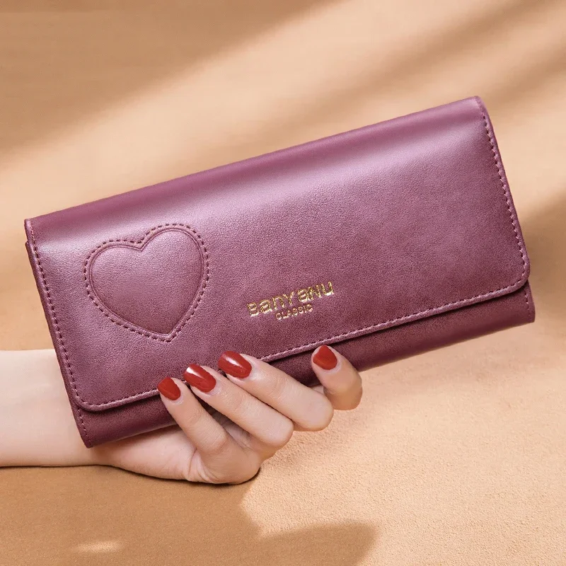 Genuine Leather Rfid Long Women Wallets Clutch Zipper Coin Pocket Female Cute Heart Wallet Card Holder Phone Bag New Women Purse