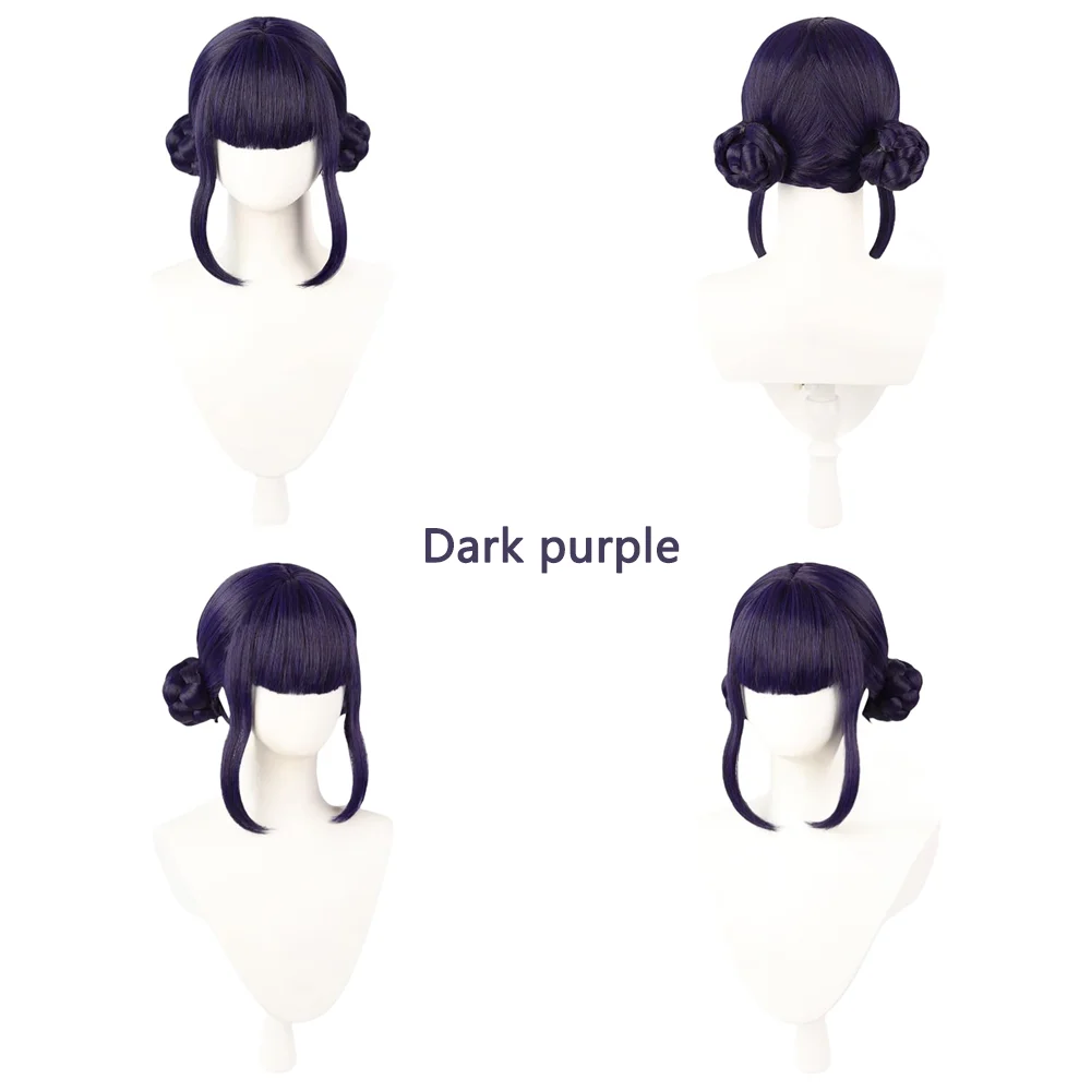 Daily Wear Dark Purple/Black Space Buns Wig with Straight Bangs Natural Looking Heat Resistant Synthetic Wig For Women