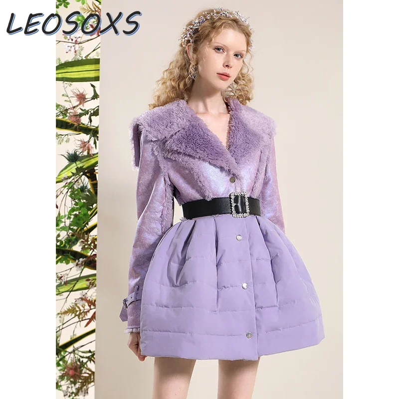 LEOSOXS Warm Lamb Wool Jacket Women Clothing Winter Fur Integrated Splicing Gentle Purple Lace-up Waist Slim Cotton Coat Dress