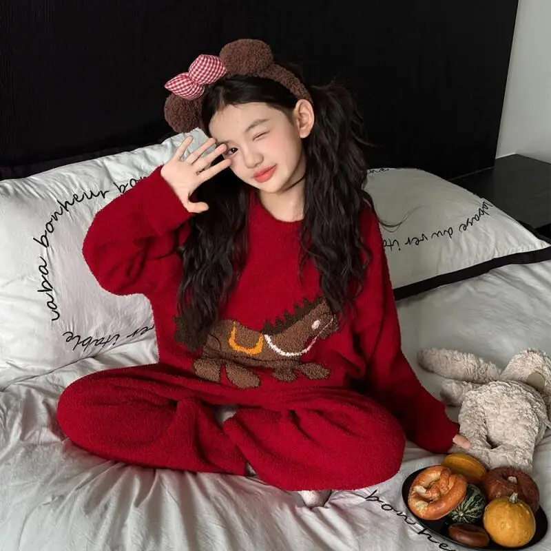 

Детские пижамы, свитер с круглым вырезом и вышивкой, комплект домашней одежды, мягкие удобные бархатные пижамы для девочек, комплект из двух предметов, новинка