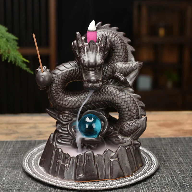 Aisa home OFFICE BAR CLUB FENG SHUI Mascot bring wealth money Good luck Fortune dragon Backflow incense ceramic statue