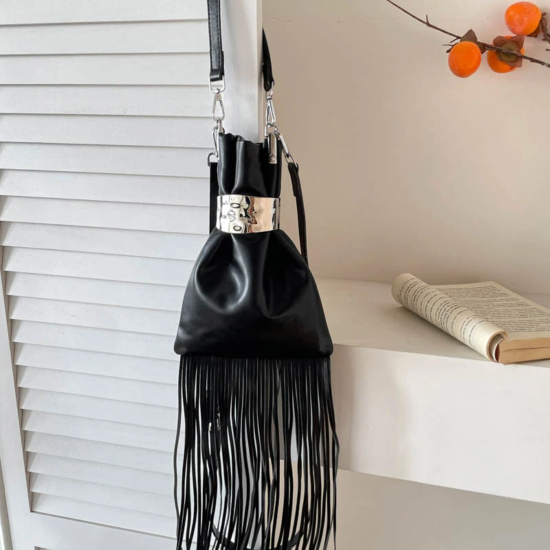 Boho Long Tassel Mini Crossbody Bag Women Vintage Metal Buckle Drawstring Leather Shoulder Purse Party Evening Handbag