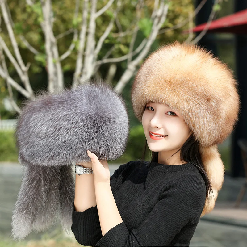 High Quality Adjustable Female Fox Fur Hat Winter Outdoor Sports Fashion Thickening Warm Ear Protection Mink Baotou Cap Wild