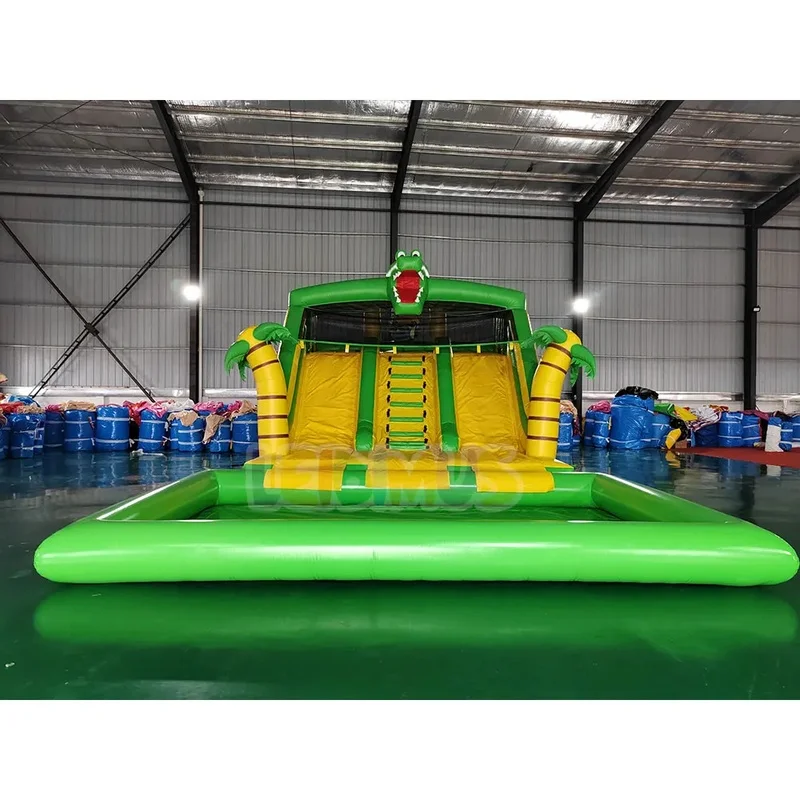 Crocodile Tropical Palm Inflatable Water Slide With Pool Giant Double Lane Inflatable Slide for Kids Adults Party Rental